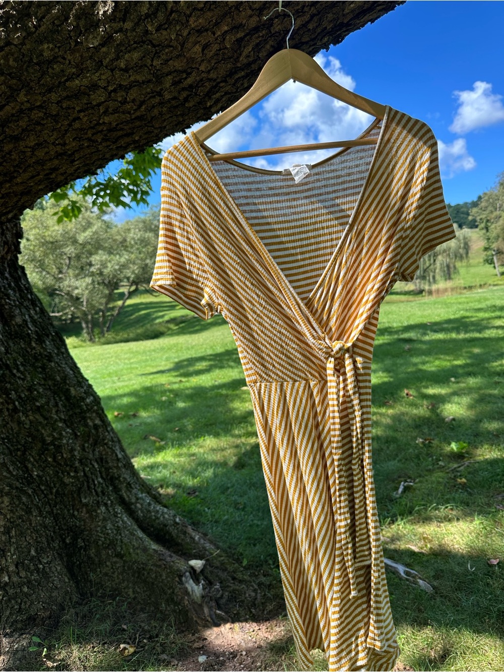 Striped Mustard Wrap Midi Dress